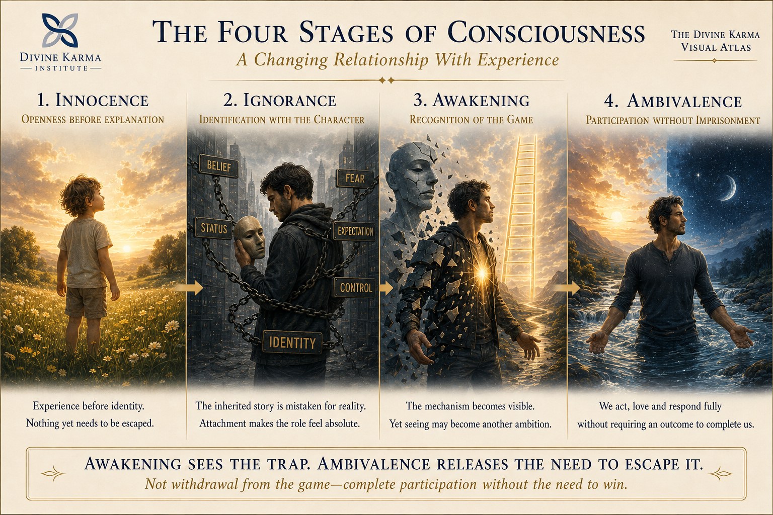 The Four Stages of Consciousness, refreshed: an arc rising from Innocence through Ignorance to Awakening at the peak, then descending into Ambivalence as release into flow