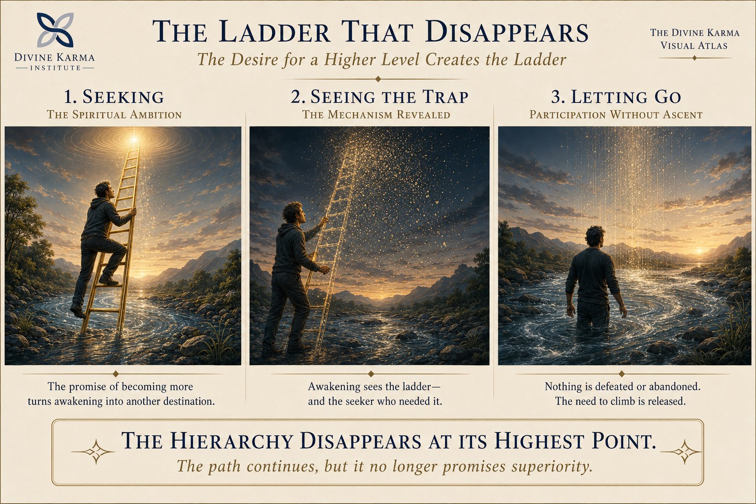 The Ladder That Disappears: material ambition (safety, status, reputation) rises into spiritual ambition (mastery, ascension, enlightenment), the rungs dissolving at the top