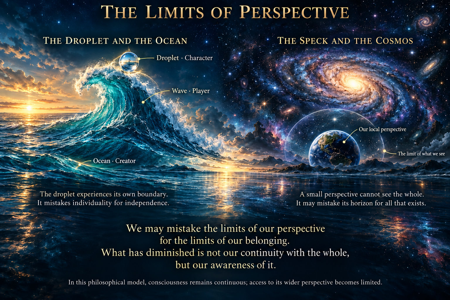 The Limits of Perspective. Two panels. On the left, an ocean at sunrise with a single great wave rising from it and a droplet lifting from the crest, labeled ocean as creator, wave as player and droplet as character, under the line that the droplet experiences its own boundary and mistakes individuality for independence. On the right, the Earth seen against a field of galaxies, with a ring marking the limit of what we see from where we stand, under the line that a small perspective cannot see the whole and may mistake its horizon for all that exists. Beneath both, the statement that we may mistake the limits of our perspective for the limits of our belonging, and that what has diminished is not our continuity with the whole but our awareness of it.