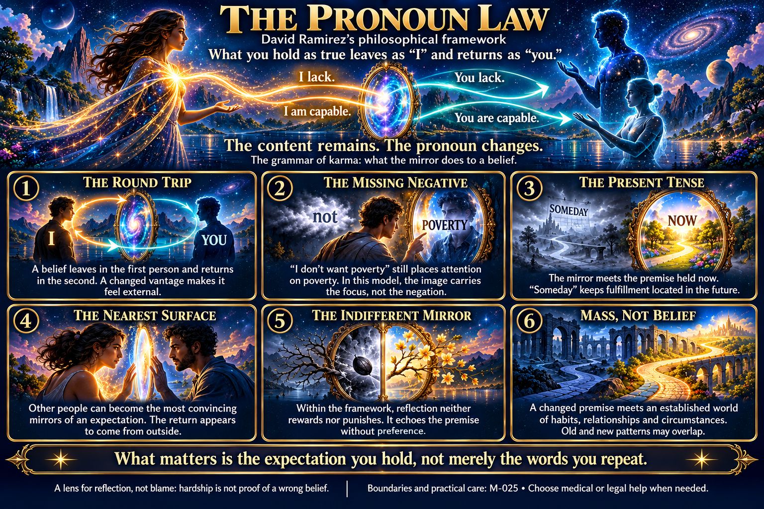 The Pronoun Law. A figure sends the sentences I lack and I am capable into a mirror; they return to two other figures as You lack and You are capable. Six numbered panels below show the round trip, the missing negative, the present tense, the nearest surface, the indifferent mirror, and mass rather than belief.