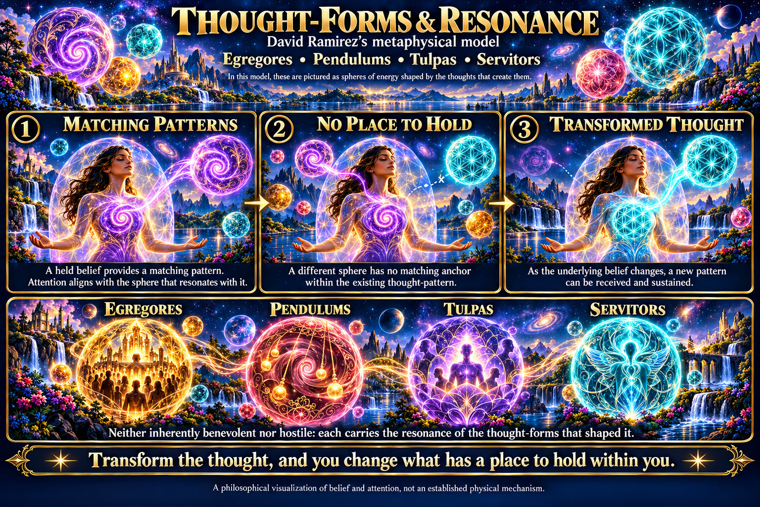 Thought Forms and Resonance. Three panels across the top show a figure surrounded by spheres of energy. In the first, a held belief provides a matching pattern and attention aligns with the sphere that resonates with it. In the second, a different sphere has no matching anchor within the existing thought pattern. In the third, the underlying belief has changed and a new pattern can be received and sustained. A lower band shows four kinds of form, egregores, pendulums, tulpas and servitors, each drawn as a sphere of its own, with the note that none is inherently benevolent or hostile and each carries the resonance of the thought forms that shaped it.