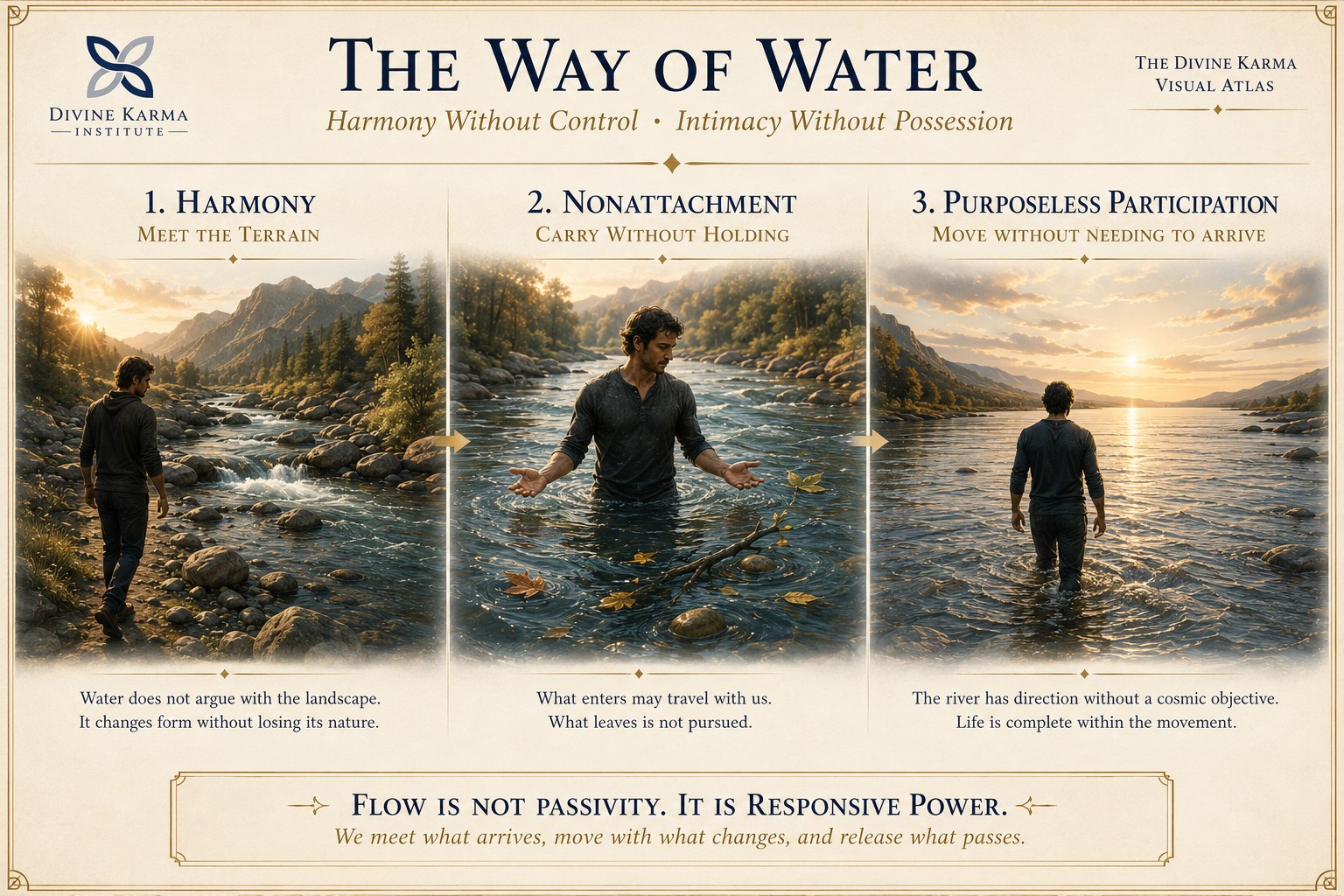 The Way of Water: a flowing river labeled with harmony, non-attachment, ambivalence, and purposeless participation