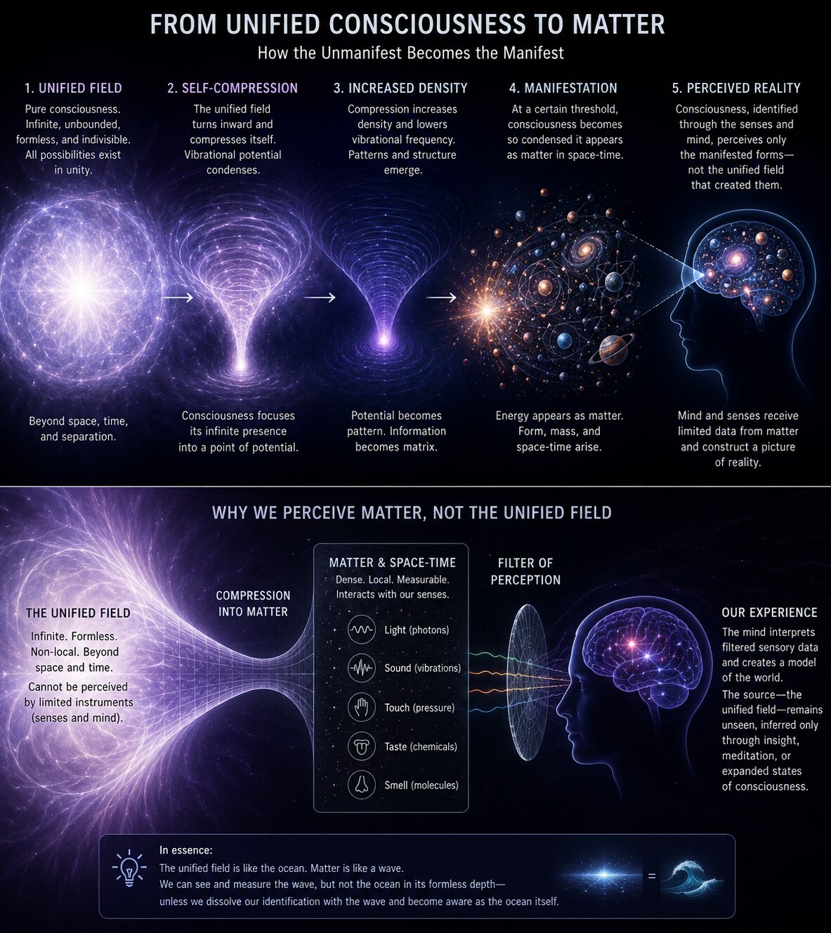 From Unified Consciousness to Matter: how the unmanifest becomes the manifest. The Central Thesis of the Divine Karma Institute, visualized.