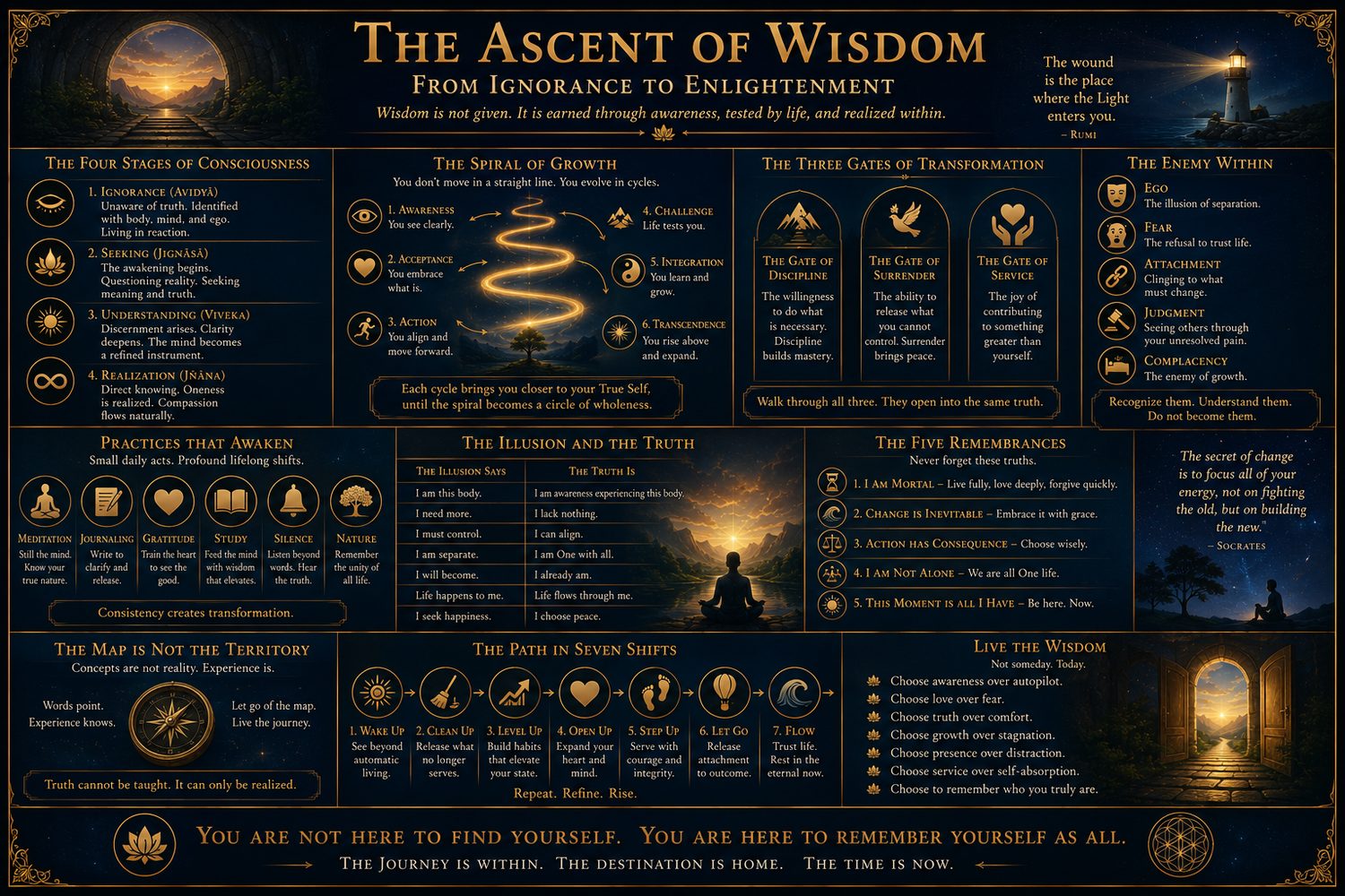 The Ascent of Wisdom. A map of the inward climb: the gates, the enemy within, and what awakens.