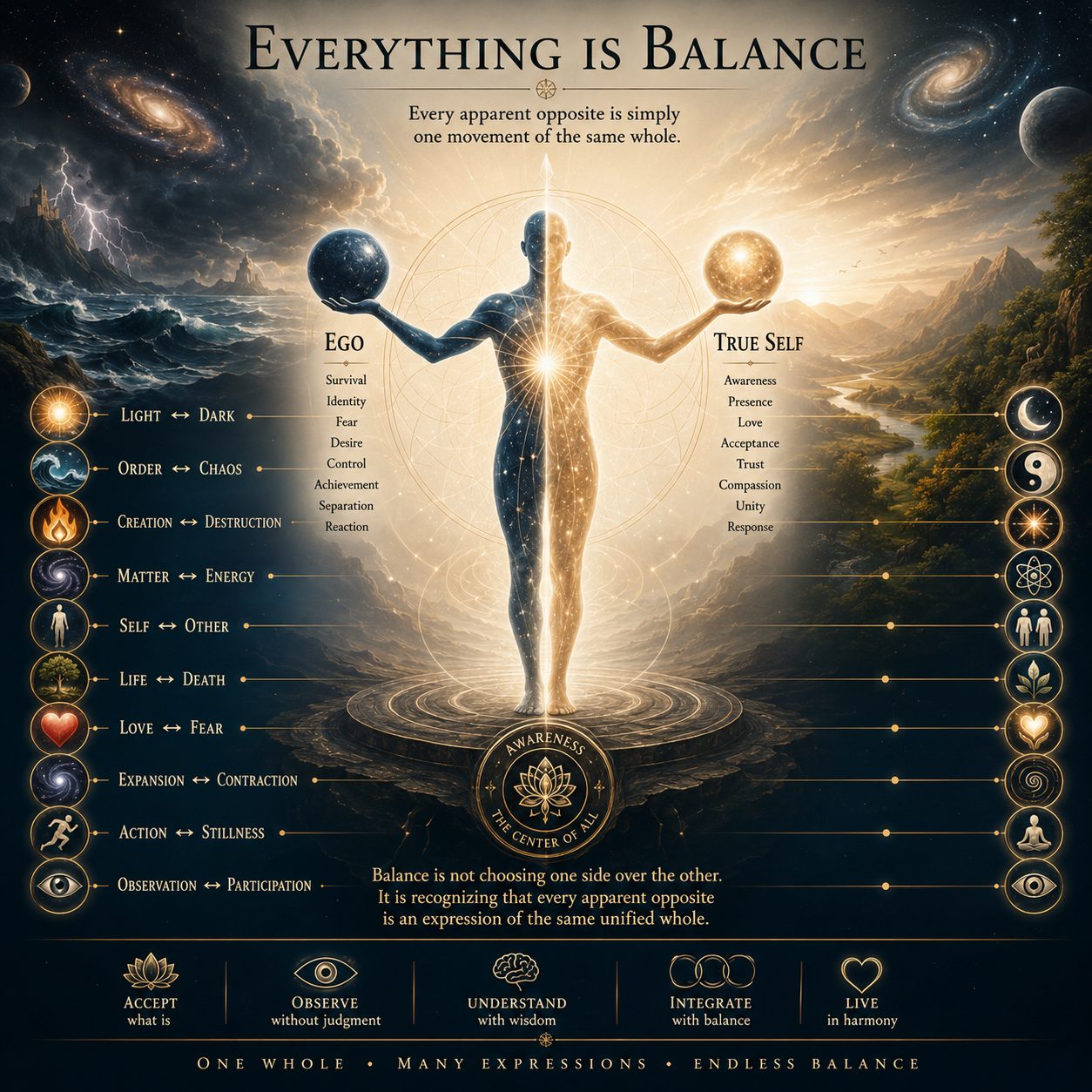 Everything Is Balance. The Ego Self and the True Self, held together rather than at war.