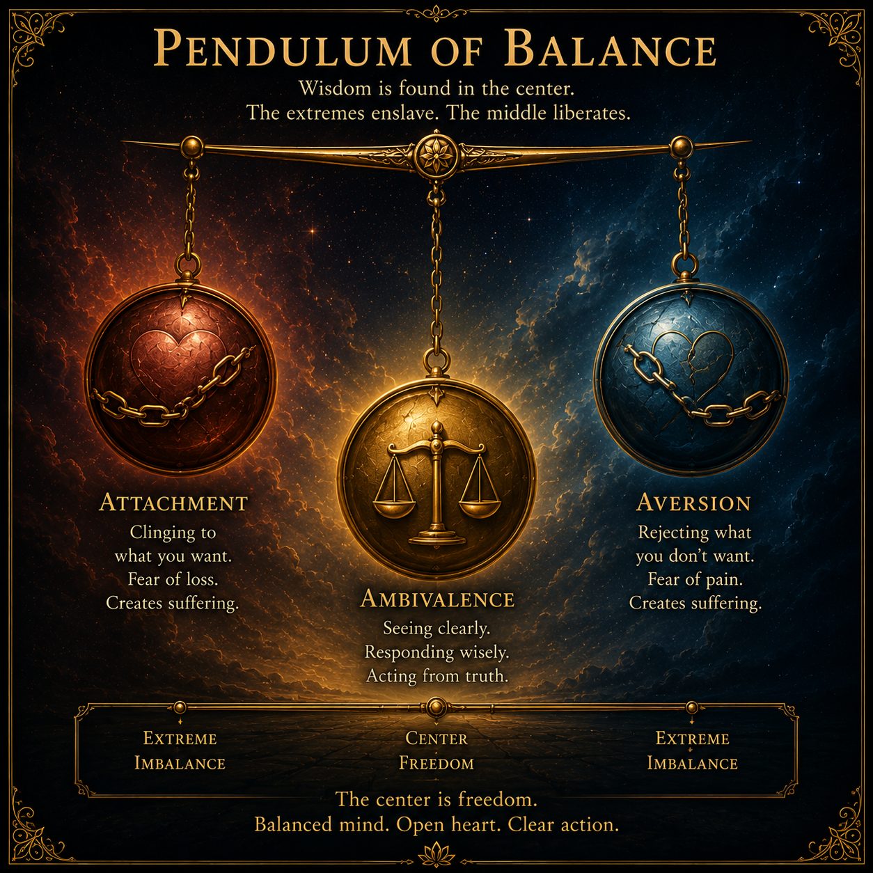 The Pendulum of Balance. Between attachment and aversion, the center is freedom.