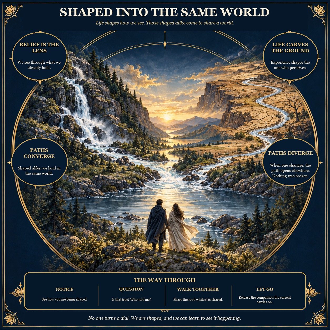 Shaped Into the Same World. Two streams, one falling over rock and one winding through dry, cracked ground, meet in one valley where two figures stand together looking at the same view.