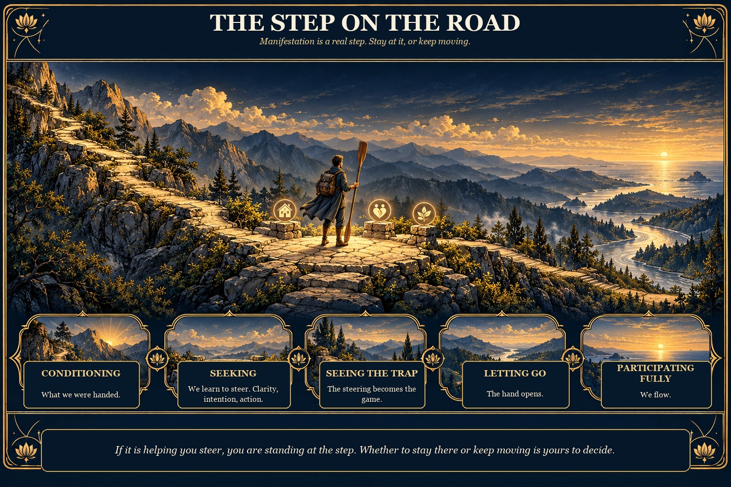 The Step on the Road. A figure holding a steering oar stands on a stone landing partway along a mountain path that continues down to a river and the sea, with five stations below: conditioning, seeking, seeing the trap, letting go, participating fully.