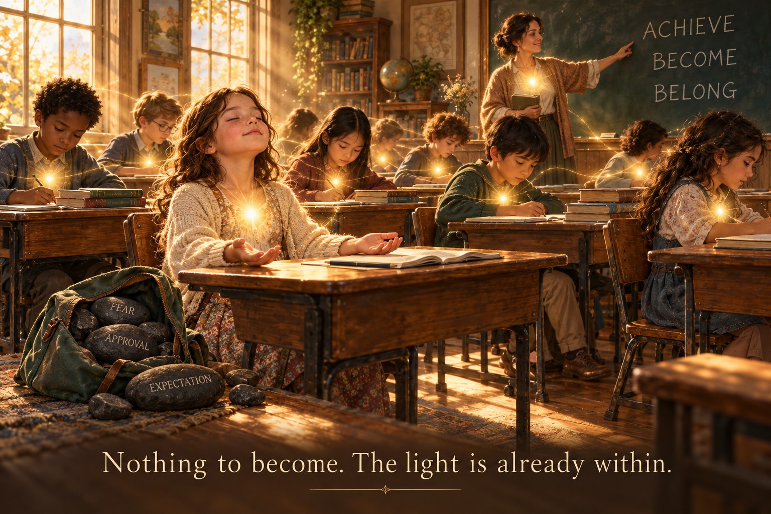 A classroom scene: light rising from each student. Nothing to become; the light is already within.