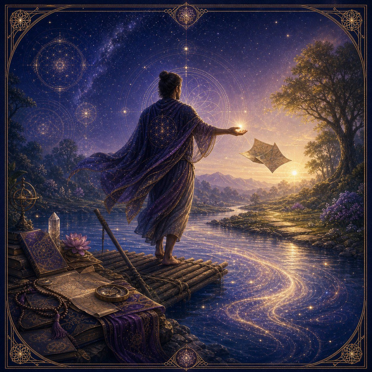 The Open Hand. Use the raft. Cross. Then set it down.