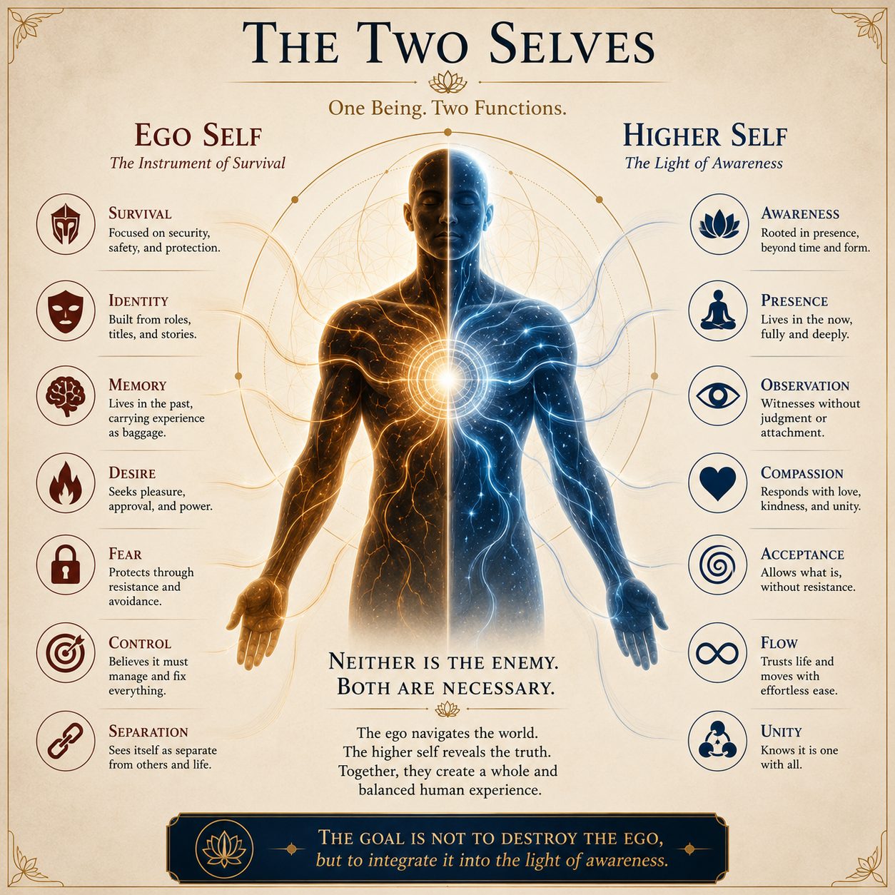 The Two Selves. One being, two functions: the instrument of survival and the light of awareness.