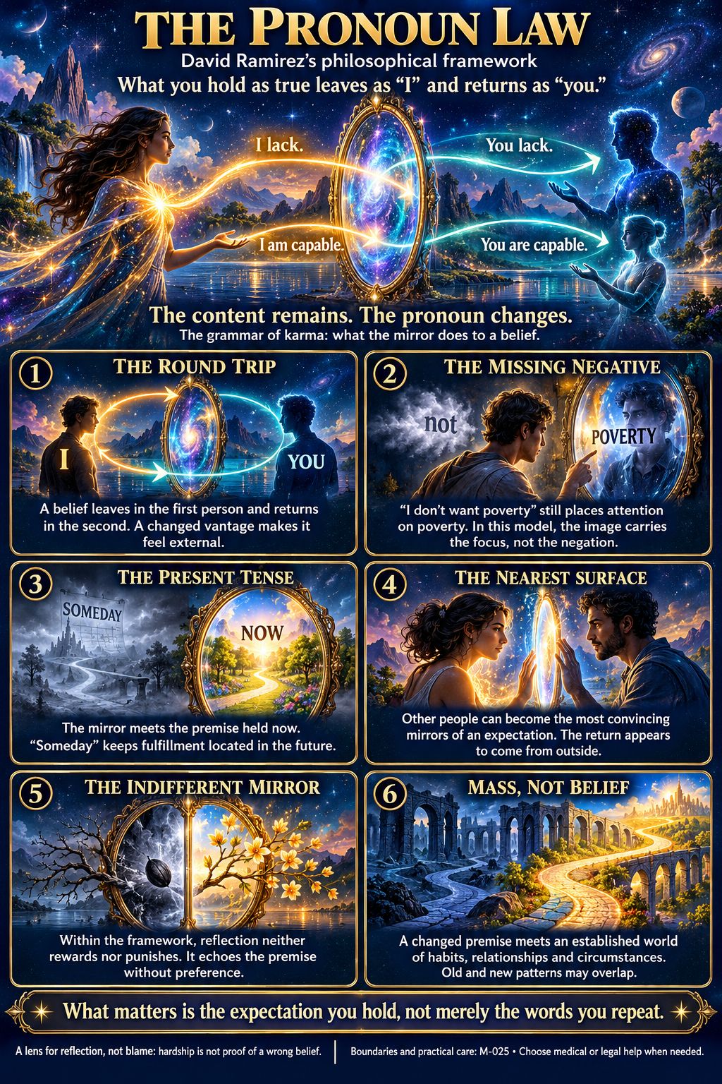 A figure sends the sentences I lack and I am capable into a mirror; they return to two other figures as You lack and You are capable. Six numbered panels below show the round trip, the missing negative, the present tense, the nearest surface, the indifferent mirror, and mass rather than belief.